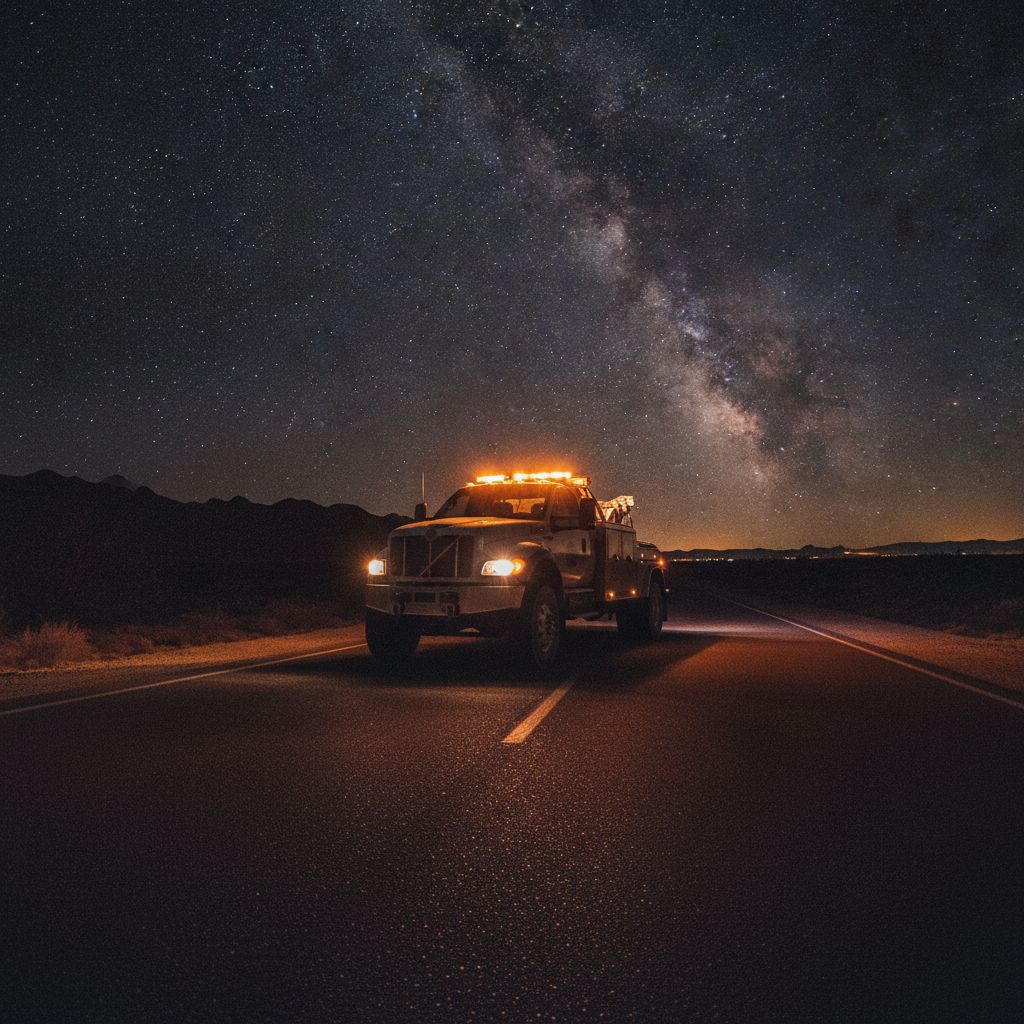 A recovery tow truck with amber beacon lights active on a dark desert highway at night